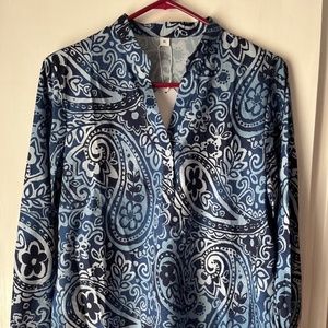 Women's Boho Blue Paisley Print V Neck Long Sleeve Shirt - XL